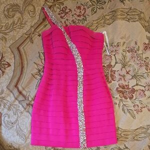 Sherri Hill Hot Pink One-Shoulder Crystal-Trim Bandage Dress